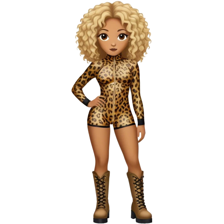 Melanie Brown with brown curls and blonde highlights wearing a tight leopard print two piece bodysuit and combat boots emoji