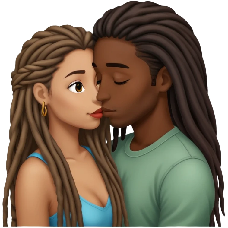 Latina Woman with long hair kissing a young black guy with dreads no beard emoji