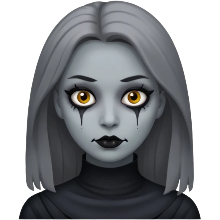 woman with gray skin and white eyes and a creepy face emoji