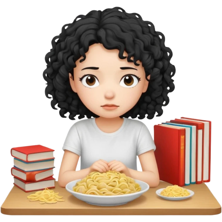 generate a pretty bratz fair skinned girl with curly black hair wearing a white tshirt sitting on a table with noodles and books. looking sleepy and tired emoji