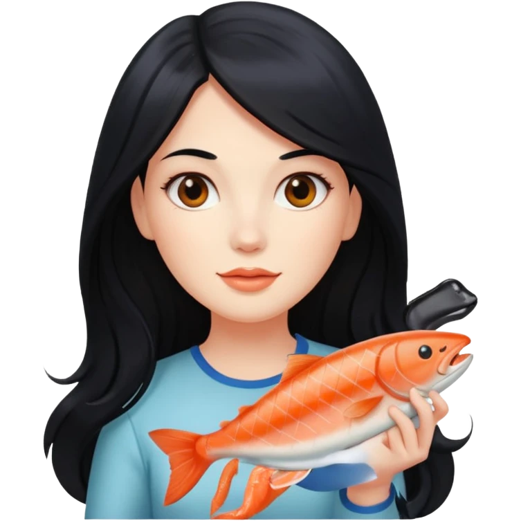 White lady with long black hair and a round face holding a salmon  emoji