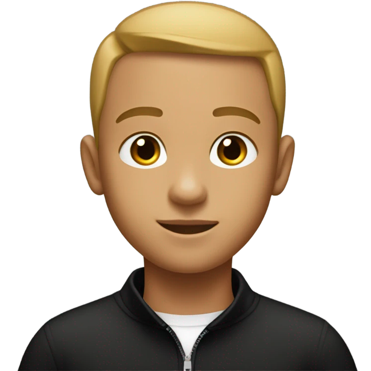 boy with light tanned skin, buzz cut, no facial hair, wearing a smart black quarter zip jumper with white t shirt underneath. emoji