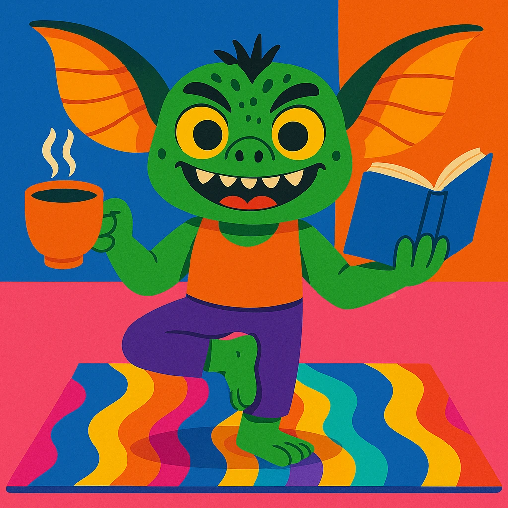 Add a colorful yoga mat under the gremlin, maintaining the whimsical style with vibrant colors and playful details. emoji