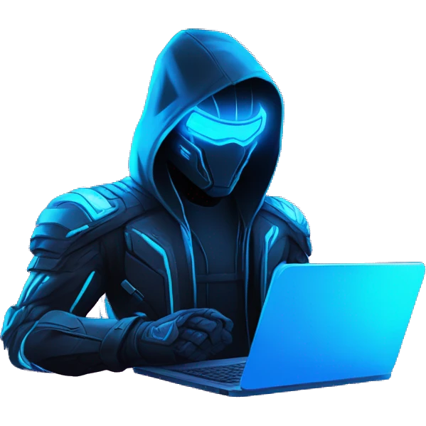 Hacker behind his laptop with this style : crysis Cyberpunk Valorant neon glowing bright blue character blue black hooded assassin themed character emoji