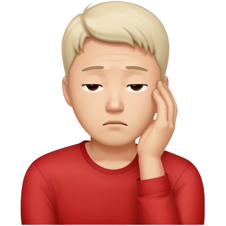A worried white Korean man in a red shirt, resting his head on one hand emoji