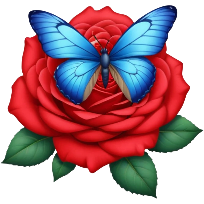 Realistic, detailed curled soft petals  red rose, blue butterfly emoji