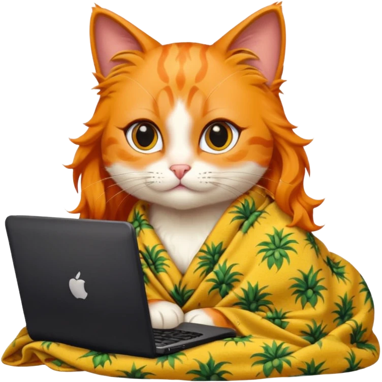 An orange female cat with a computer, with long eyelashes and black wavy hair,
She wears a blanket with pineapple patterns on her body emoji