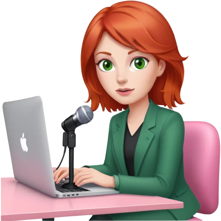 Red head green eyed woman sat at desk with MacBook, microphone and iPhone sat on a pink desk chair  emoji