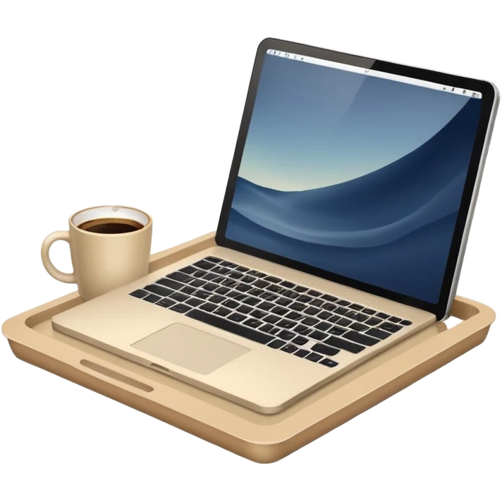 Laptop on the rectangular beige coffee tray, coffee and notebook emoji