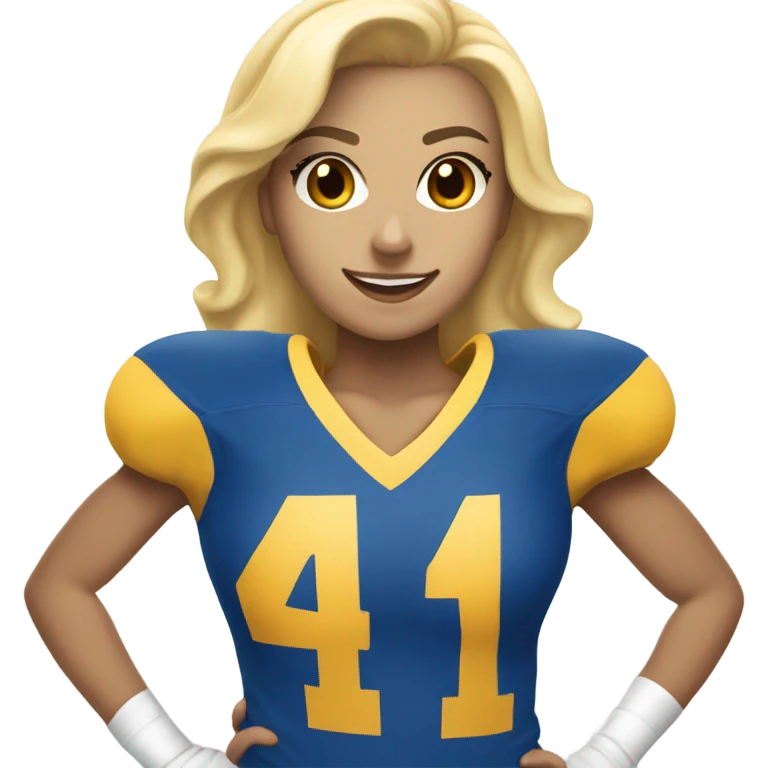 Blonde Cheerleader in Blue and gold uniform with a football player in blue and gold with the number 41 emoji