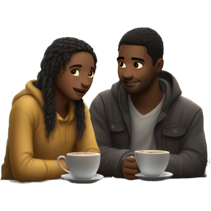 Picture two soulmates in a cozy café, rain tapping on the window. They’re having a heartfelt conversation, sharing their deepest secrets, and their eyes reflect mutual understanding and warmth. emoji