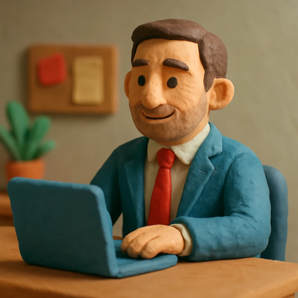 A 35-year-old male business coach sitting at a desk with a laptop emoji