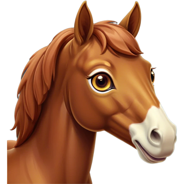 Cinematic Comical Chestnut Horse Portrait Emoji, Head tilted dramatically with an exaggeratedly amused expression, featuring a striking chestnut fur with a glossy finish and wide, expressive amber eyes filled with playful disbelief, Simplified yet hilariously expressive features, highly detailed, glowing with a slightly sassy glow, high shine, dramatic yet playful, stylized with an air of cheeky mischief, bright and endearing, soft glowing outline, capturing the essence of a spirited and over-the-top horse, so meme-worthy it feels like it could side-eye its way into internet fame instantly! emoji