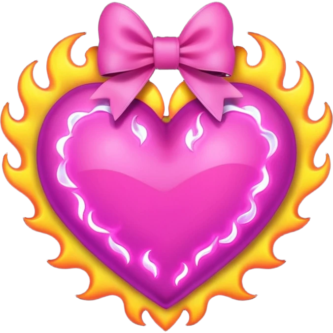 neon heart with a pink bow with heart pattern on the bow, with flames emoji