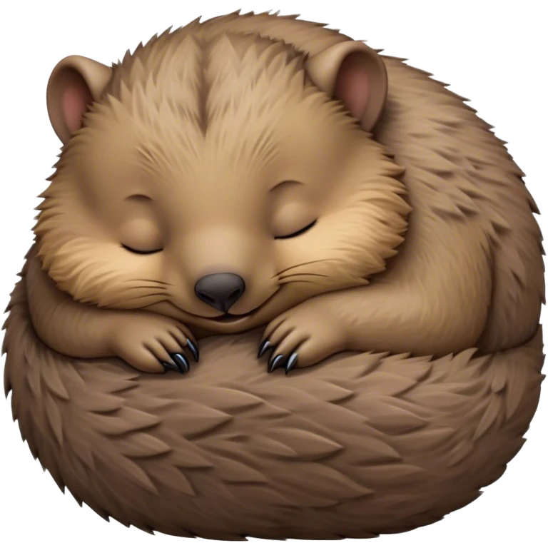 Meme-Worthy Cute Sleeping Wombat Portrait Emoji, Head resting peacefully with a contented smile, showcasing a robust, sturdy build and a luxuriously soft shaggy brown fur, eyes shut in a serene, restful nap, Simplified yet hilariously adorable features, highly detailed, glowing with a soft, drowsy light, high shine, relaxed and utterly lovable, stylized with an air of playful laziness, bright and heartwarming, soft glowing outline, capturing the essence of a comically sleepy wombat, so meme‐worthy it feels like it could instantly become the next viral sensation of adorable slumber! emoji