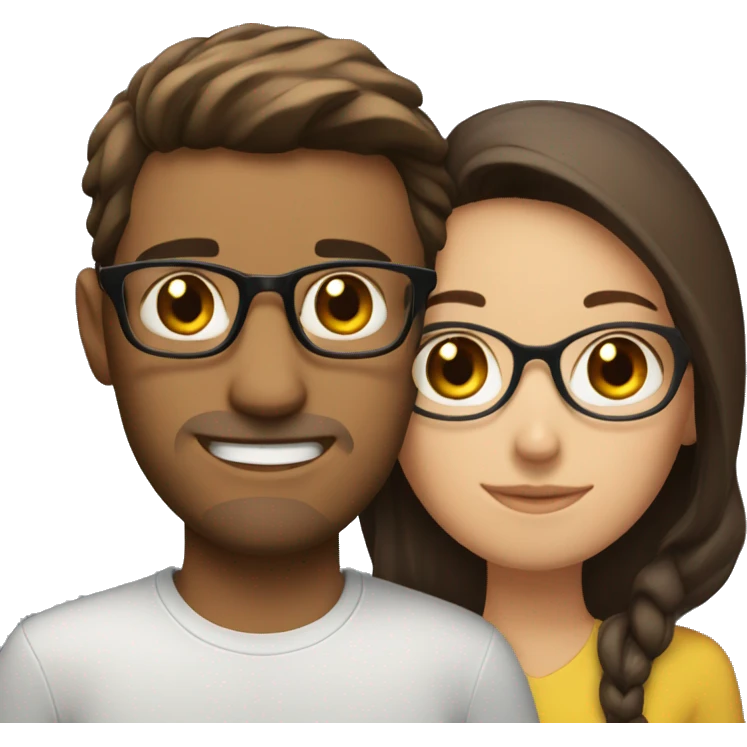 A brunette guy with brown eyes hugs a brunette with glasses emoji