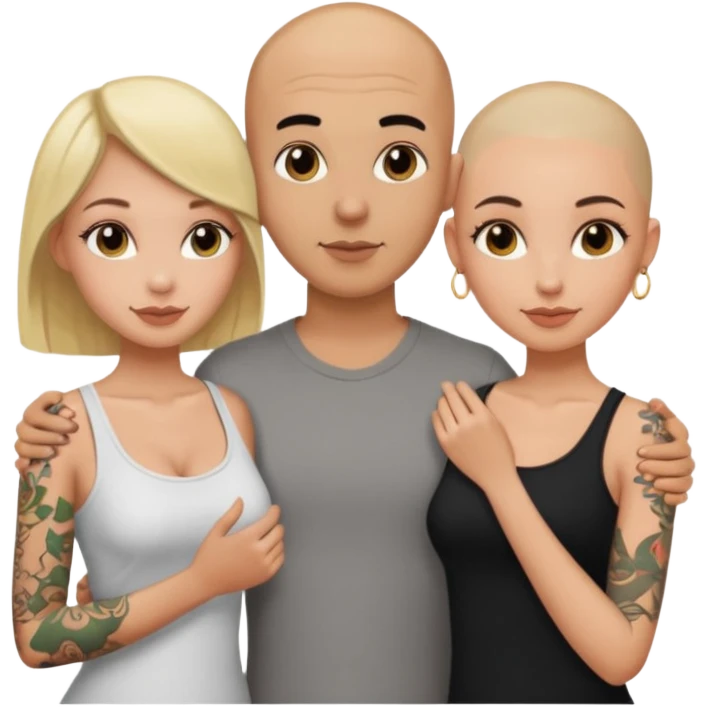 throuple tatted bald boyfriend with blonde girl friend and brunette girlfriend emoji