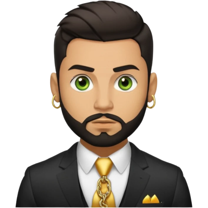 green eyes, dark short hair, muscular shoulders, gold chain, big lips big nose big eyes, masculine good looking, dark beard wearing a suit buttons of the shirt open and olive skin tone  emoji