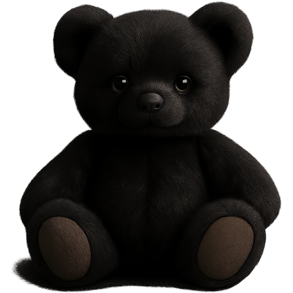 Change the teddy bear's fur to a realistic black color, keep soft lighting, and maintain a transparent background. The style should remain consistent with the original image's soft and realistic look. emoji