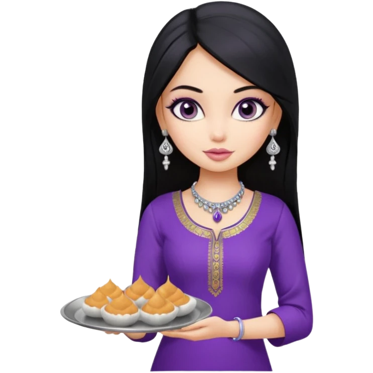a pretty bratz girl with straight black hair, wearing a purple kurti, silver jhumkas, eyeliner, carrying a plate of momos emoji