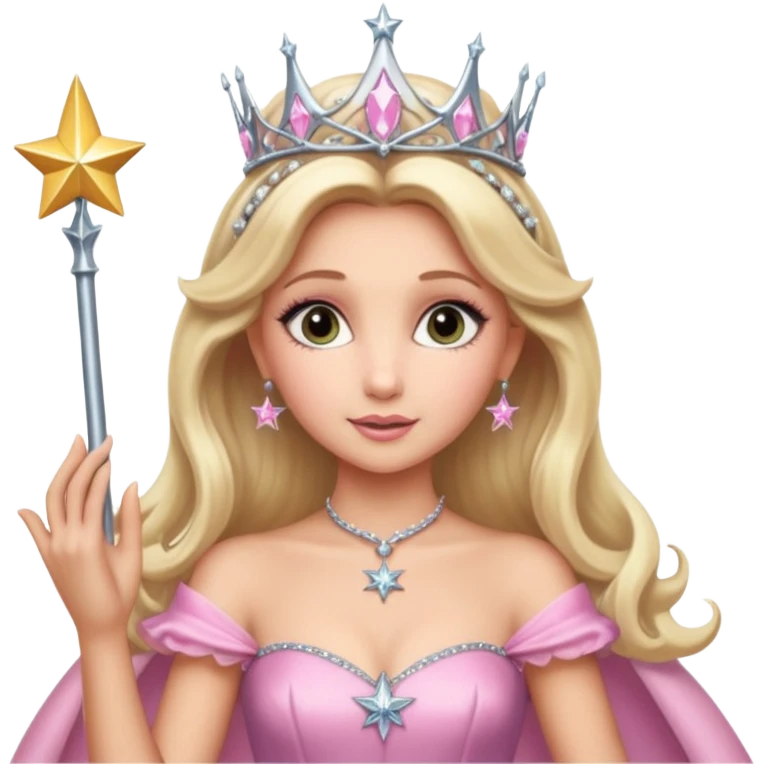 glinda the good witch from wicked movie (ariana grande) blonde hair, beautiful, big silver thin tiara, star wand, pink gown emoji