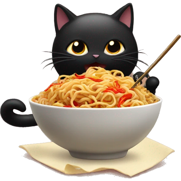 Fluffy black cat eating spicy buldak noodles  emoji