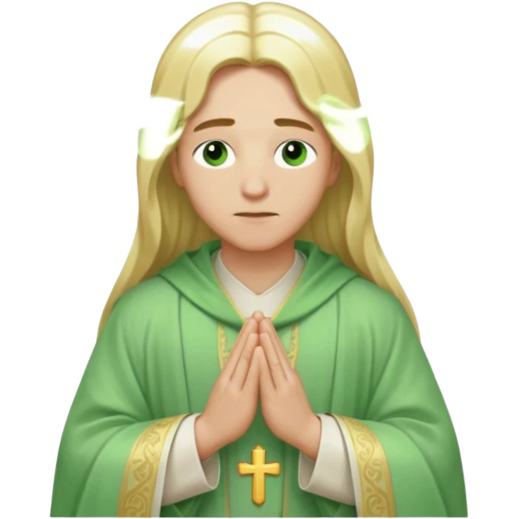 a young bishop, green eyes, long blonde hair, light green wide, flowing outer robe. hands clasped together, eys closed. Soft light, subtle fern. Waist-up, profile. emoji
