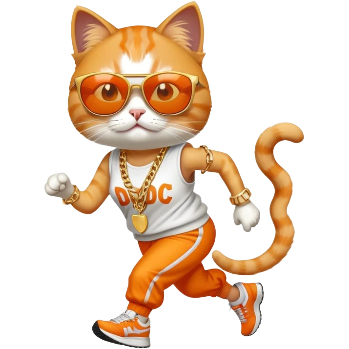 female cat wearing Run DMC hip-hop outfit, gold chains, dark sunglasses, jogging emoji