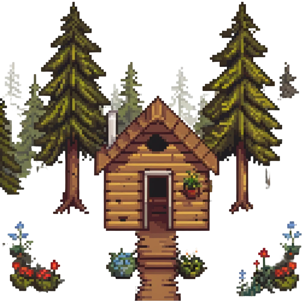 wooden cabin in forest clearing with small garden emoji