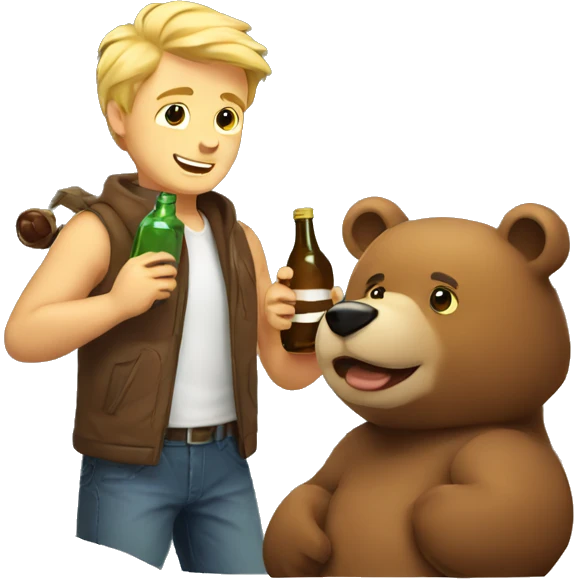 jj blonde adult man with a brown bear cub and a bottle  emoji