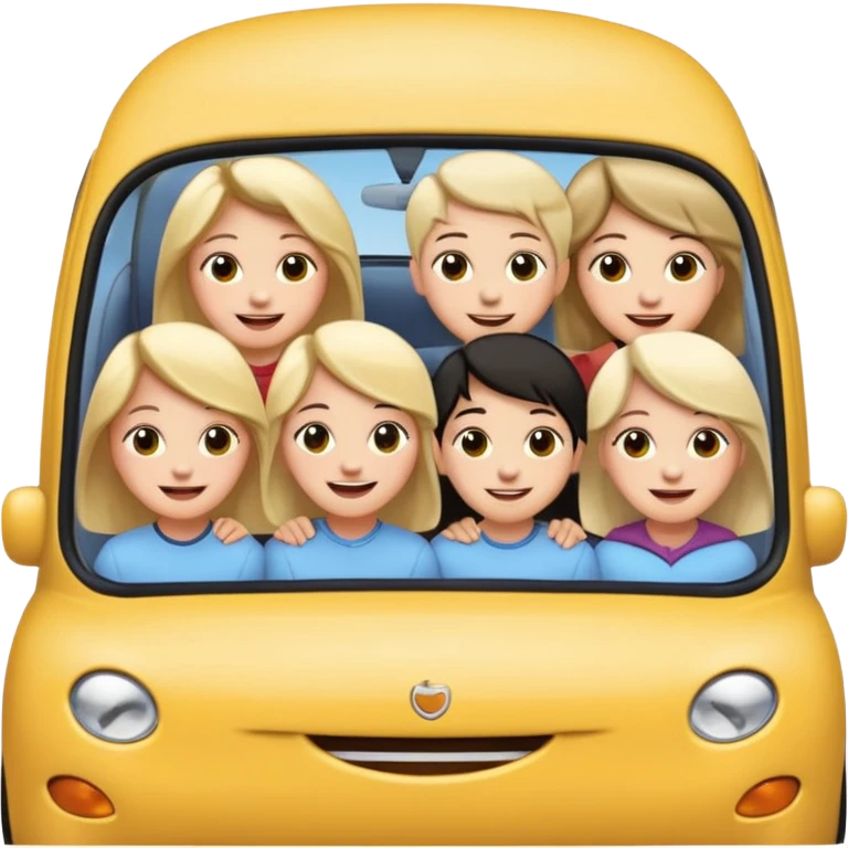 a small car with large side windows, five people (mixed genders) smiling and sticking their heads out of the side windows, head sizes moderate, clearly showing five happy and cute faces, in apple standard emoji style emoji