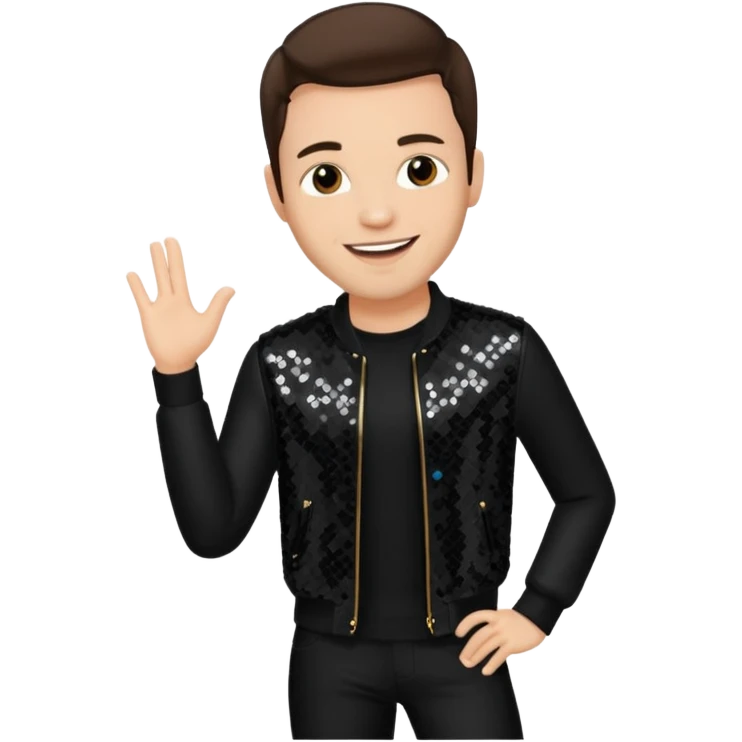 Dan Miller, pop singer from O-Town with light skin, dark brown hair, black sequin outfit emoji