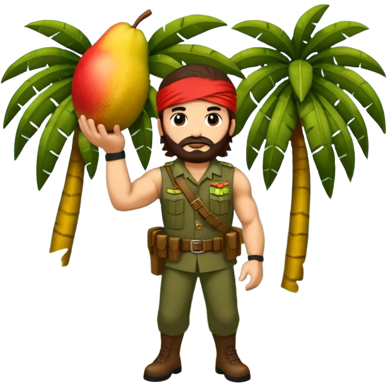 quiero que crees la imange de un Mango con Brazos fuertes y piernas como las de un culturista, que lleve uniforme militar de selva y que tenga pelo largo y una bandana roja en la cabeza como la de rambo y tambien que este en posicion de ataque con una ametralladora pixelart emoji