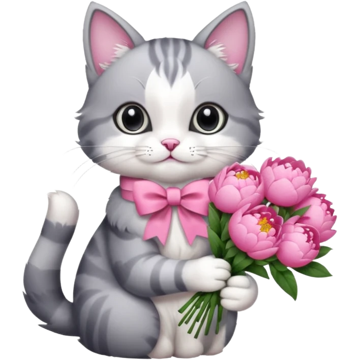 Cute cat Handing pink peonies like reaching a hand and handing them out a bouquet of them not a physical hand the cats hand  make the cat fluffy and grey and white fluffier make the cat wear a pink coquette make her wear a pink coquette emoji