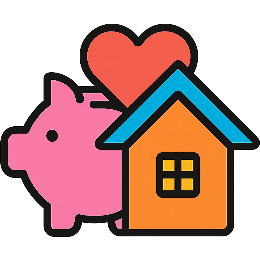 unified icon showing piggy bank, heart, and house merged together, representing future savings, wants, and needs, clean colorful outline style emoji