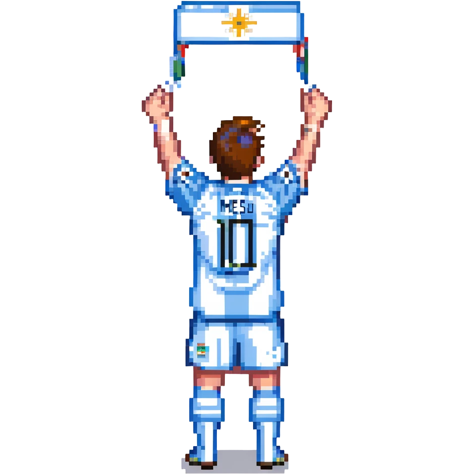 pixel art Lionel Messi in Argentina jersey, arms raised emoji