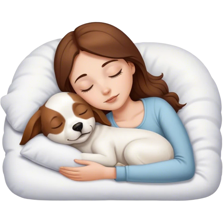 White girl brown hair sleeping with white dog with brown ears emoji