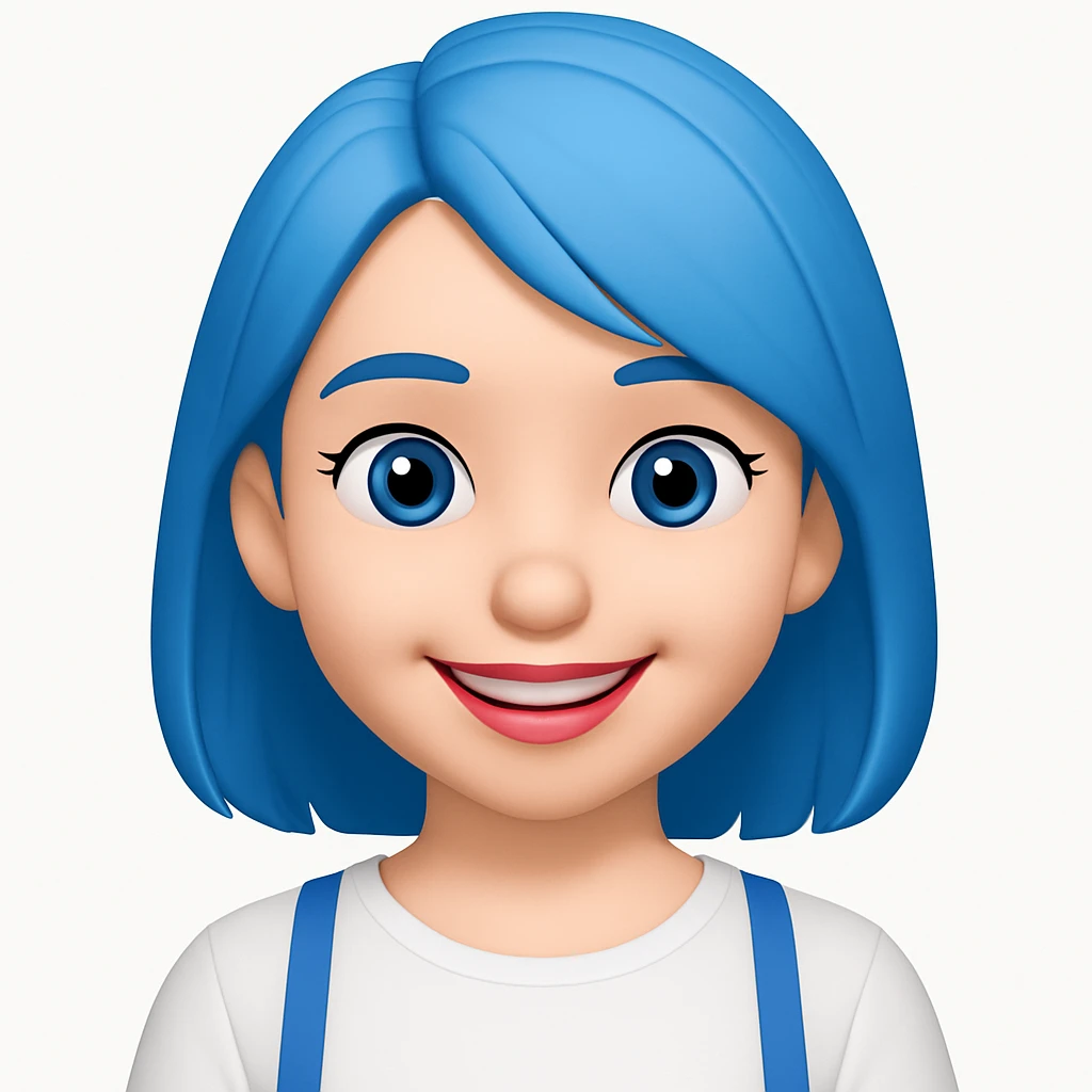 emoji of a girl with blue hair to shoulders, blue eyes, pink lips, wearing a white shirt, happy expression emoji