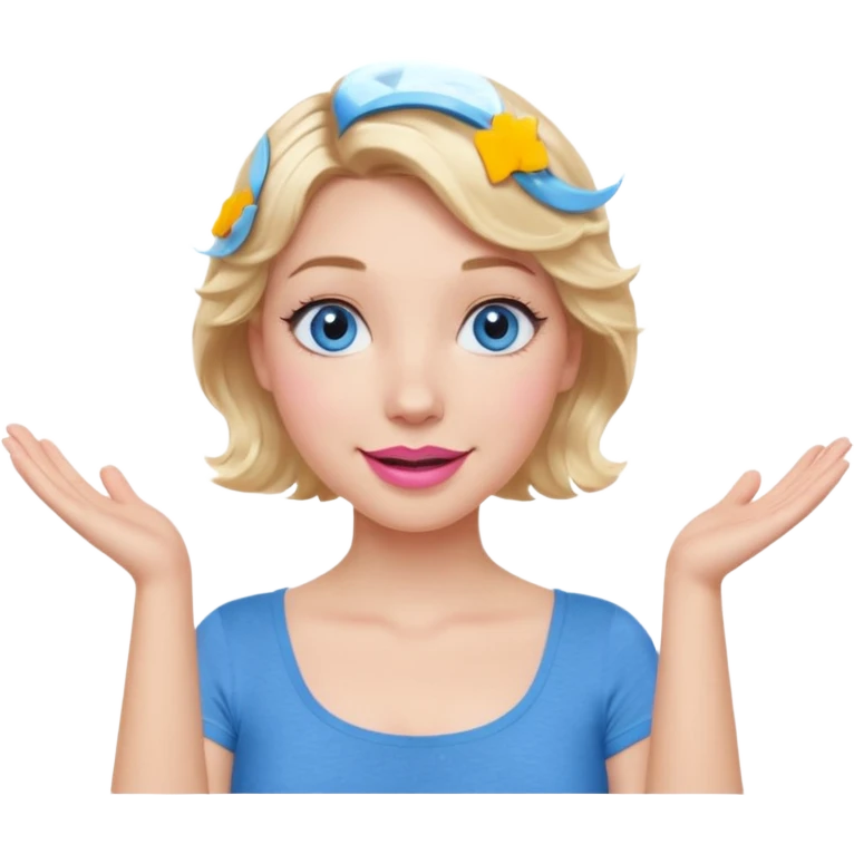 Girl Blonde short wavy hair,  blue eyes, cute blue top, long lashes, pink lips, smiling, shrugging hands raised emoji