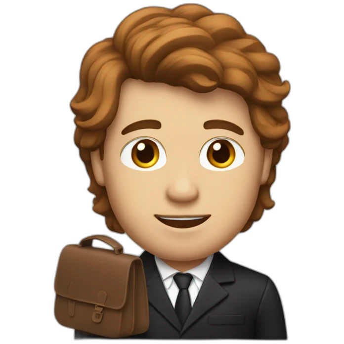 man in black suit with brown locks and work bag emoji