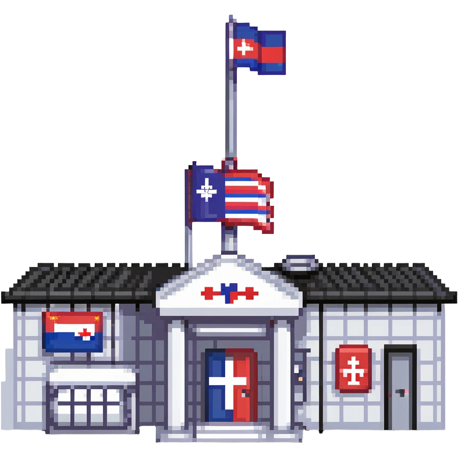 Hospital building with Thai flag on flagpole, medical cross symbol, red white blue striped flag of Thailand emoji