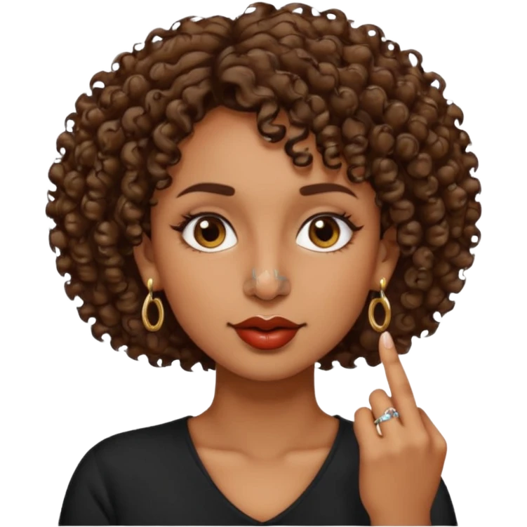 faça uma mulher com o cabelo curtinho cacheado com piercing no nariz e brincos e o dedo indicador no canto da boca morena, faça igual a segunda foto só que com o dedo na  boca mesmo  emoji