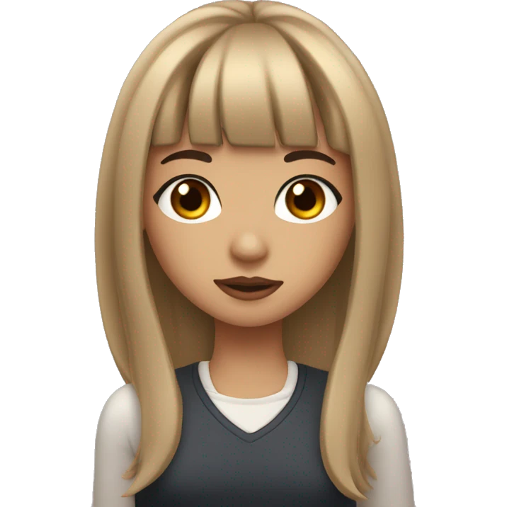 A girl with brown eyes, long eyelashes, and medium-length hair with bangs, big lips, and a nose piercing. emoji