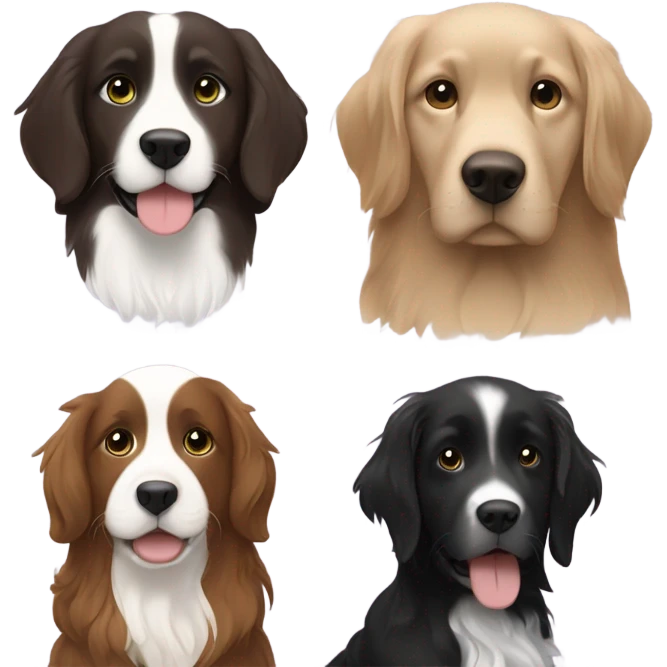Girl with brown hair and green brown eyes next to a black golden retriever and épagneul breton black and White  emoji