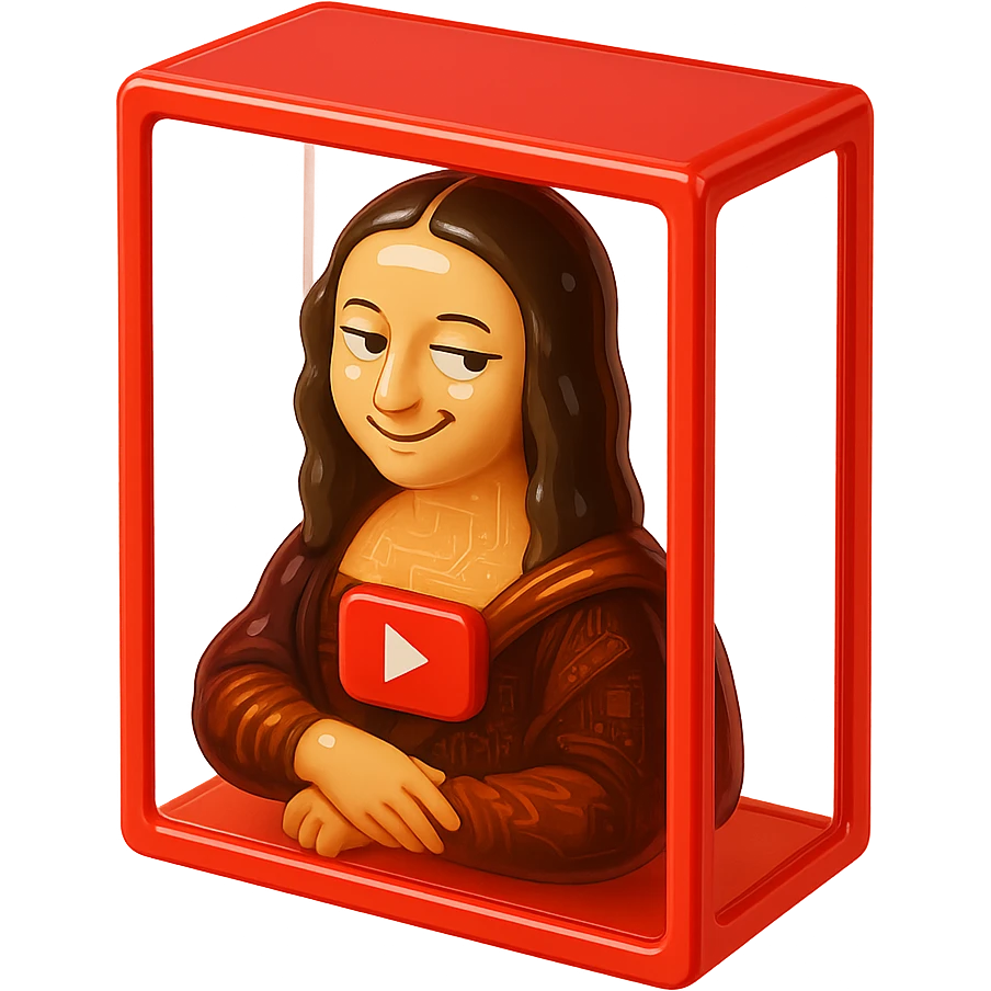 Mona Lisa with a playful sarcastic grin, red YouTube play button, glossy circuit style, in red box emoji