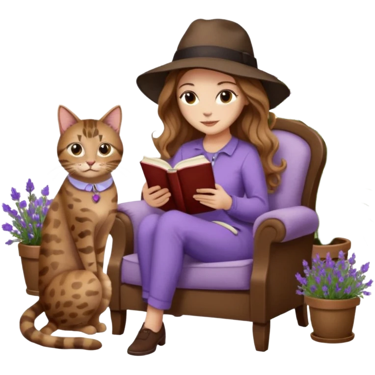 detailed emoji of a woman with long light brown wavy hair and light brown eyes reading a book, sitting on a comfortable reading chair, with a black cat and a brown spotted cat beside her, small table next to the chair with a coffee cup on it, in a garden filled with lavender flowers emoji