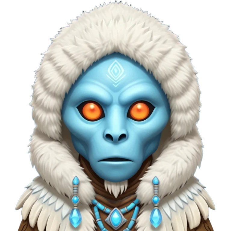 ancient arctic alien shaman portrait, head and shoulders only, Inuit-inspired fur hood, carved bone ornaments, glowing cosmic eyes, icy alien skin, spiritual sci-fi vibe, 3D cartoon, mobile game icon style, clean background, no text, no watermark


 emoji
