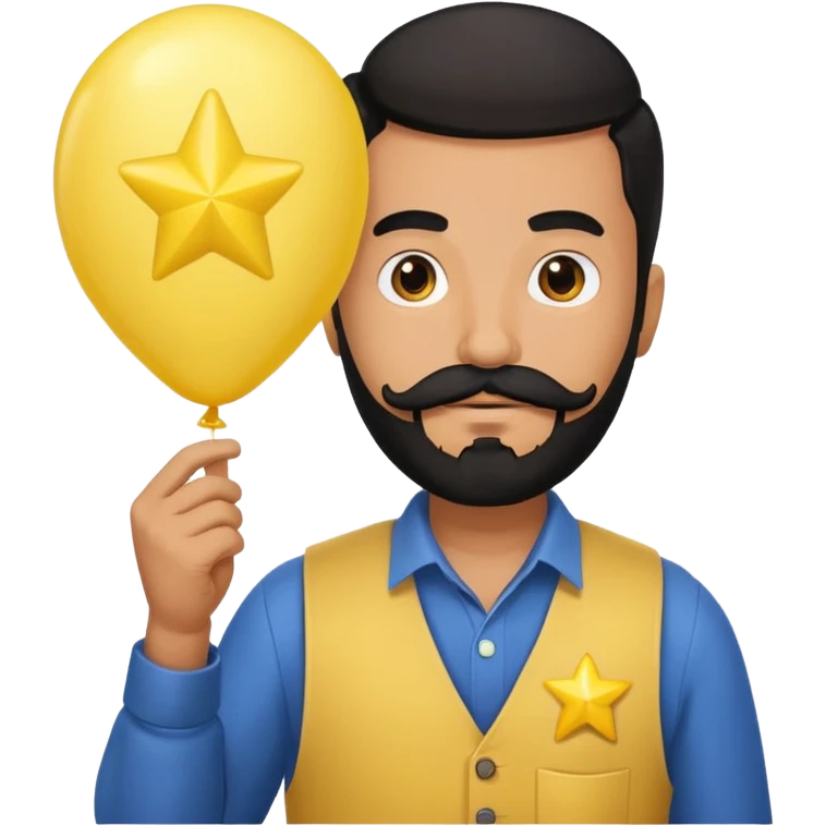 man with black bead and mustache holding star yellow balloon  emoji