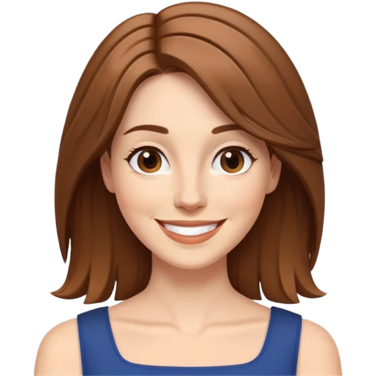White woman, brown layered hair a bit longer than shoulder length, happily smiling. emoji