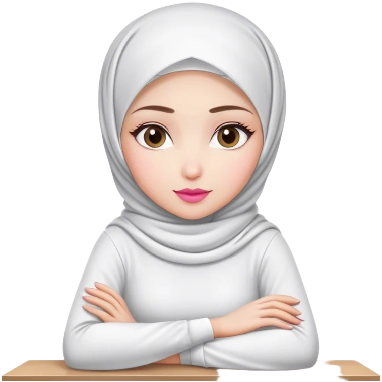 white hijab women are listening with her hands folded on the table. Her outfit is white. Her lips color is pink. emoji